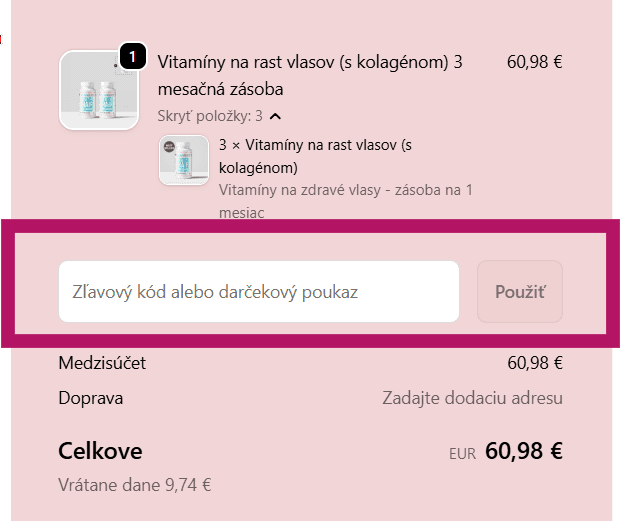 Vloženie zľavového kódu na Hairburst