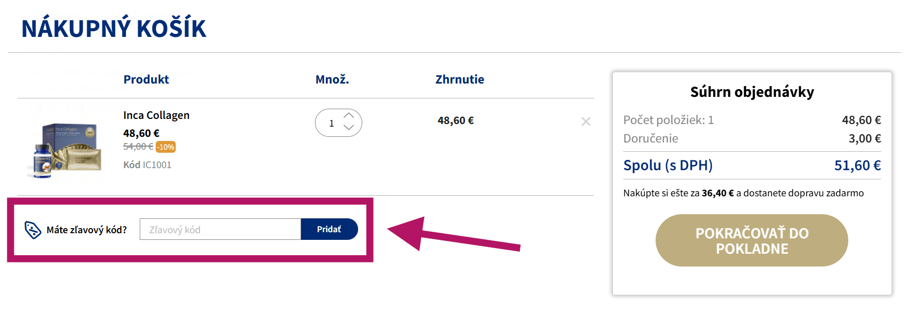 Kam vložiť zľavový kód IncaCollagen.sk