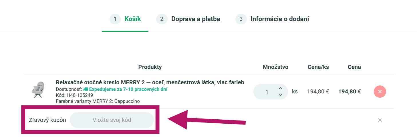 Použitie zľavového kupónu na Kupkresla.sk