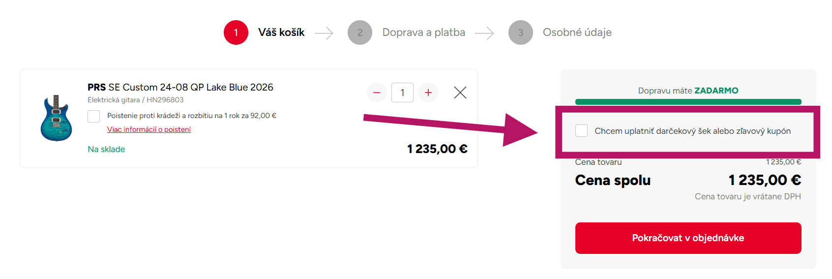 Použitie zľavového kupónu na Kytary.sk
