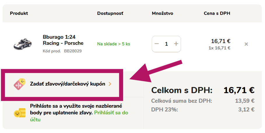 Vloženie zľavového kupónu na Rájhračiek.sk