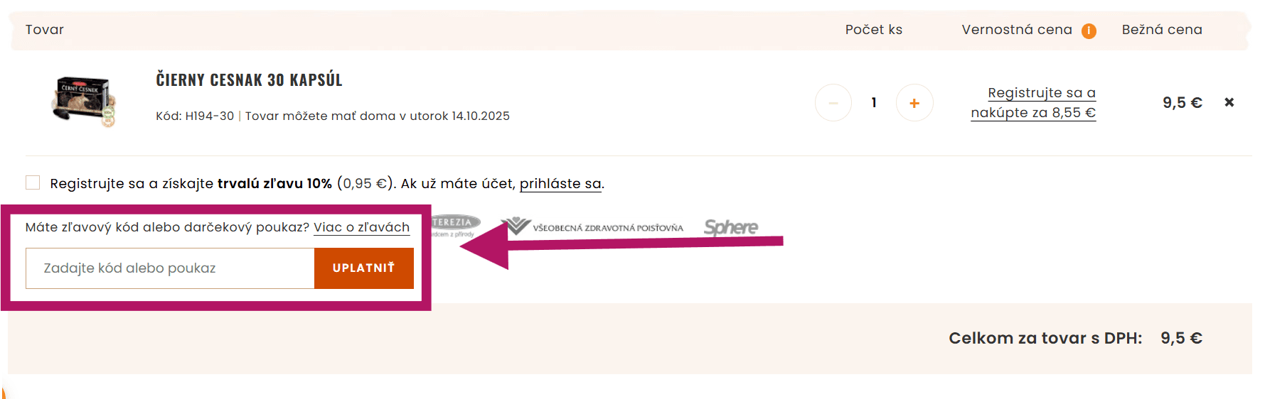 Vloženie zľavového kódu na Terezia.sk