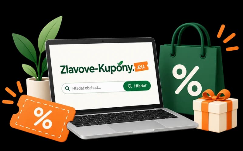 Ilustrácia: notebook s vyhľadávaním obchodov na Zlavove-Kupony.eu, nákupná taška, kupón a darček