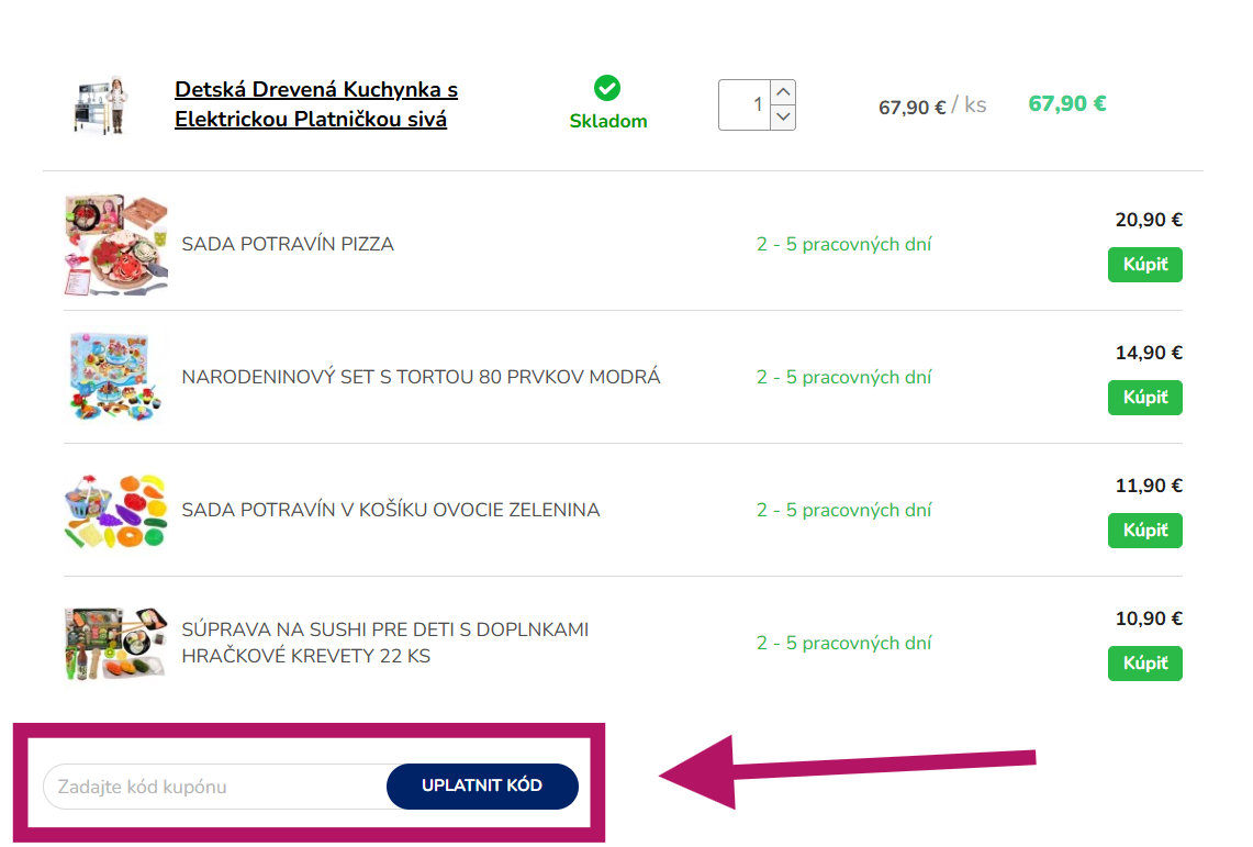 Vloženie zľavového kupónu na Ministerstvo Hračiek