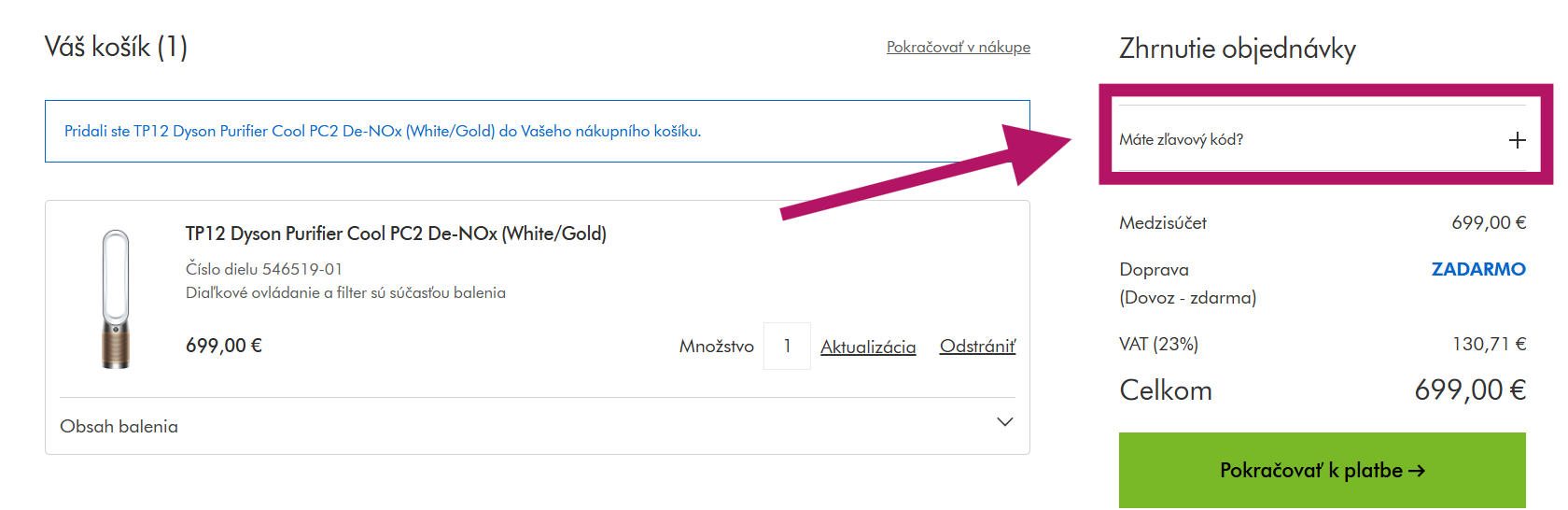 Použitie zľavového kódu na Dyson.sk