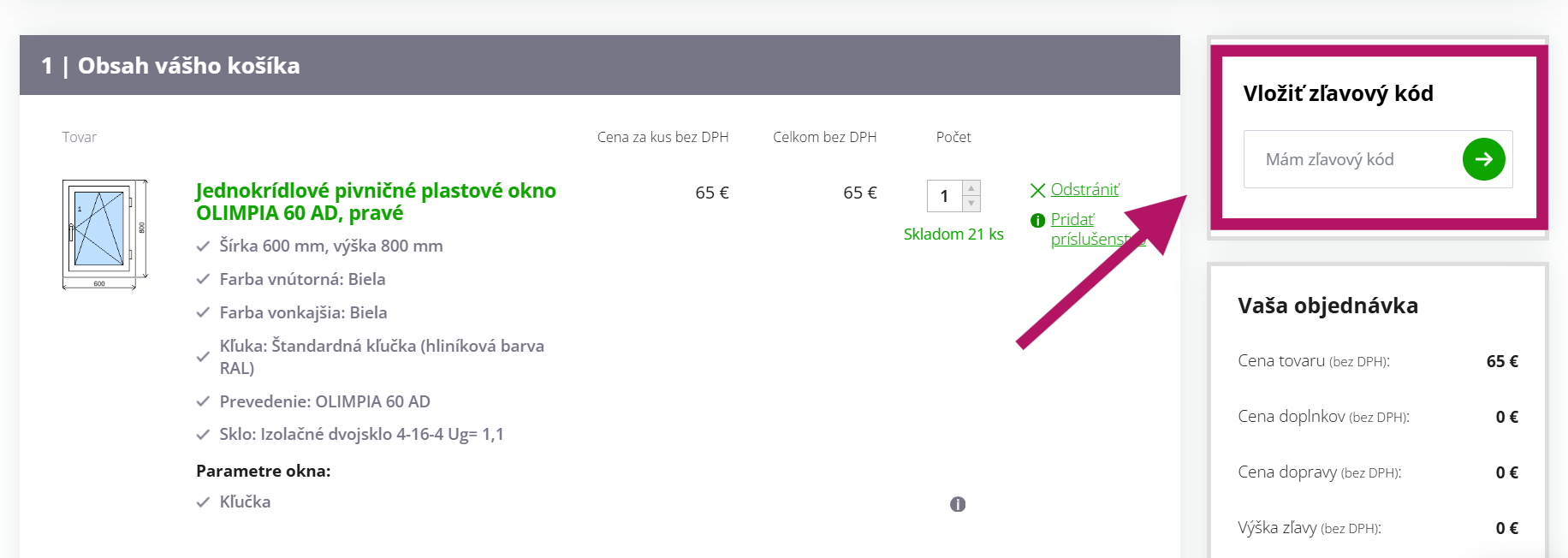 Uplatnenie zľavového kódu na Skladové-Okna.sk