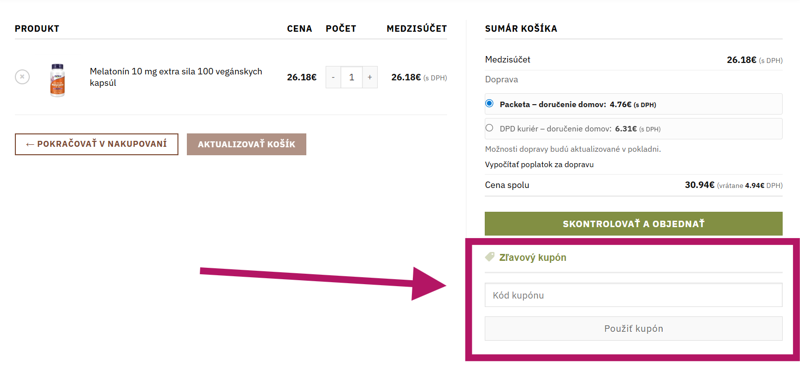 Uplatnenie zľavového kupónu na Eco Supplements