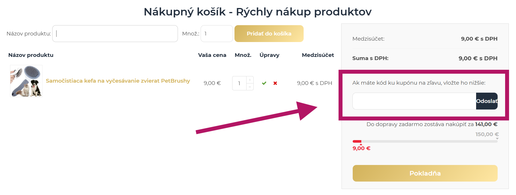 Vloženie zľavového kódu na Extrashop.sk