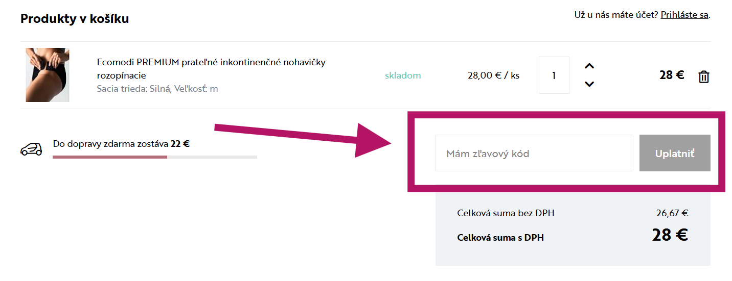 Vloženie zľavového kódu na Ecomodi.sk