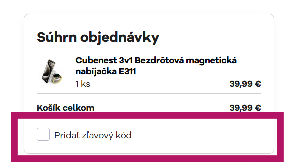 Vloženie zľavového kódu na Cubenest.sk