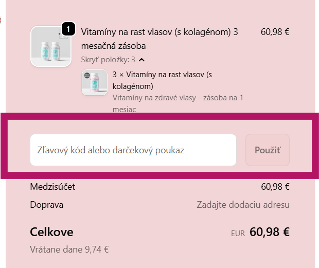 Vloženie zľavového kódu na Hairburst